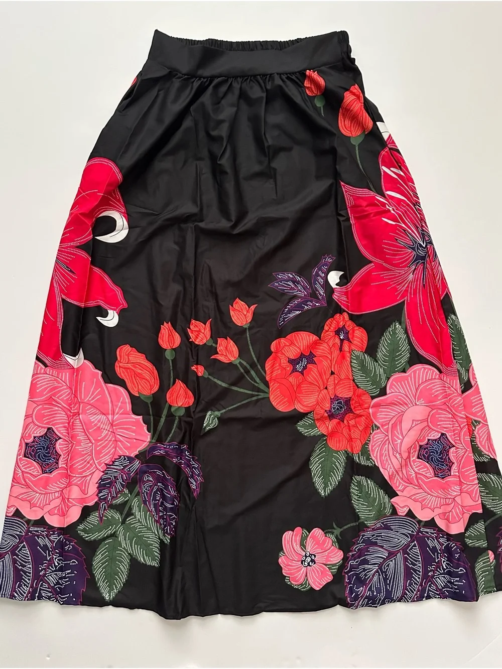 Black Floral Maxi Skirt with Vibrant Pink & Red Blooms - Picture 1 of 5